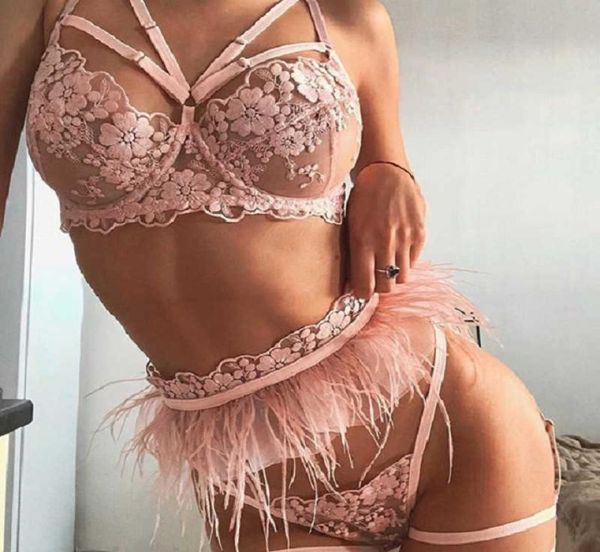 Lingerie florale set femmes rose noirs sous-vêtements sexy dames transparentes embrodiery érotique set6789568