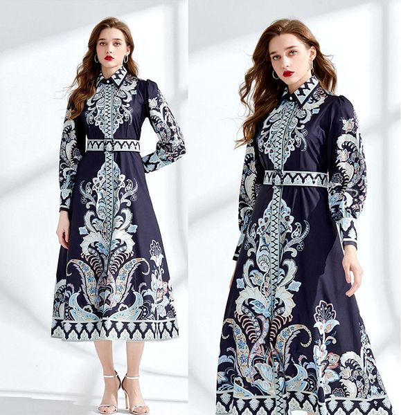 Floral Party Bleu Boho Maxi Robe À Manches Longues Femmes Designer Revers Bouton Avant Slim A-ligne Vacances Paisley Imprimer Robes 2024 Printemps Automne Piste Taille Haute Robes