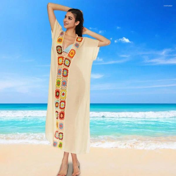 Vestido de mosaico floral Falda de playa elegante encubrimiento de verano para mujeres con crochet Flower Detalle Lado de diseño de cuello en V para