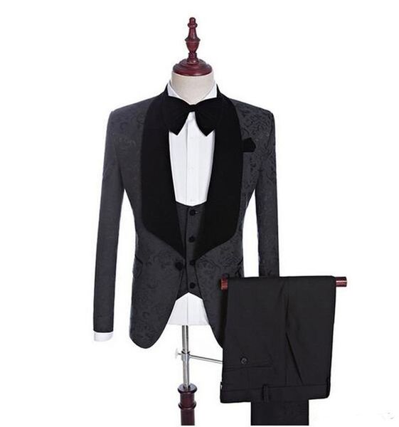 Motif floral noir hommes costume mariage marié Tuxedos Slim Fit formel costume d'affaires garçons d'honneur meilleurs hommes Costumes (pantalon + gilet + manteau)