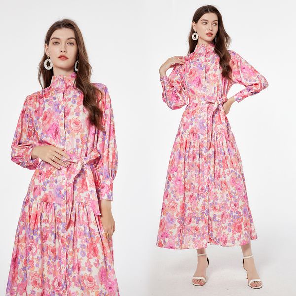 Floral rosa Boho Maxi vestido de mujer diseñador linterna manga arco con cordones elegantes vestidos largos batas de vacaciones 2023 otoño invierno cuello alto pasarela vestidos de fiesta delgados