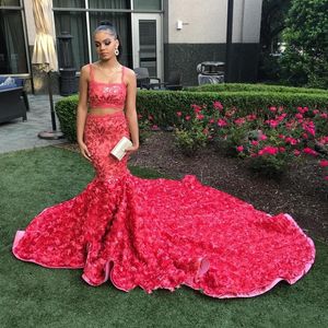 Floral Rose Deux Pièces Sirène Robes De Bal 2019 Africain Noir Fille Robes De Soirée 3D Rosettes Robes De Bal Sur Mesure