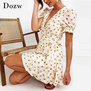 Floral Print A Line Jurk Zomer V-hals Butterfly Korte Mouw Mini ES voor Dames Bandage Ruches Casual Robe 210515