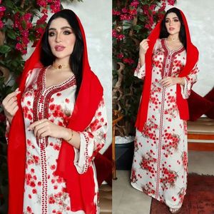 Floral Print Abaya Borduurwerk V-Neck Robe Party Kerchief Hijab Djellaba Set Ramadan Eid Losse Kaftan Vestidos Moslimvrouwen 240327