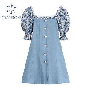 Floral Print Denim Dress Femmes D'été De Mode Patchwork Simple Poitrine Mini Robes Élégant Puff Col Court Vêtements 210515