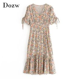 Imprimé floral robe élégante col en V à manches courtes Vintage femmes nœud papillon plissé plage Midi robe De Mujer 210515