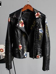 Veste en Faux cuir souple brodé imprimé Floral pour femme Pu moto noir Punk clouté pour femme 240125