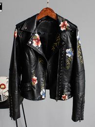 Bloemenprint Geborduurd Faux Zacht Leren Jas Dames Pu Motorfiets Zwart Punk Bezaaid Voor Dames 240122