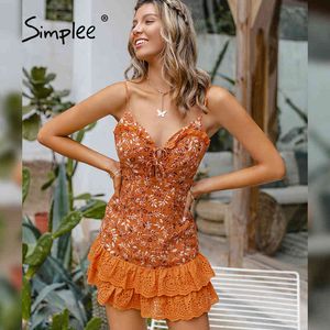 Imprimé floral évider à lacets mini été noeud papillon sexy robe dos nu vacances plage robes sans manches mew 210414