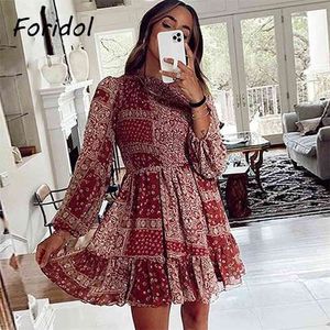 Floral Print Lange Mouw Lente Herfst Chiffon Jurk Dames O-hals Australië Strand Korte Vintage Boho Mini 210427