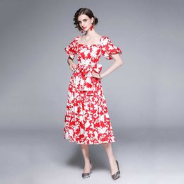 Imprimé floral longue femme robe femme col carré manches bouffantes robes élégant décontracté dame Vestidos 210529