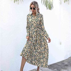 Floral Print Maxi Long Boho Chemise Robe Femmes Hiver Manches Sash Élégant Dames 210427