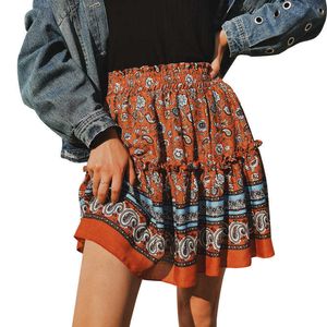 Floral Print Geplooide rok Dames Zomer Boheemse Hoge taille voor meisjes Sweet en Fresh Beach Holiday Casual Mini Rok 210608