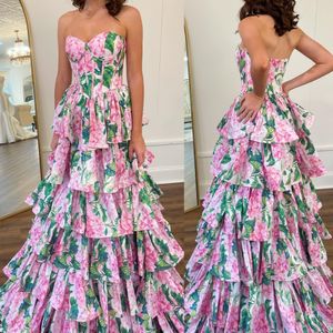 Strapless Floral Prom Dress 2024 Corset Bodice Tiered Skirt for Pageant Winter Formal