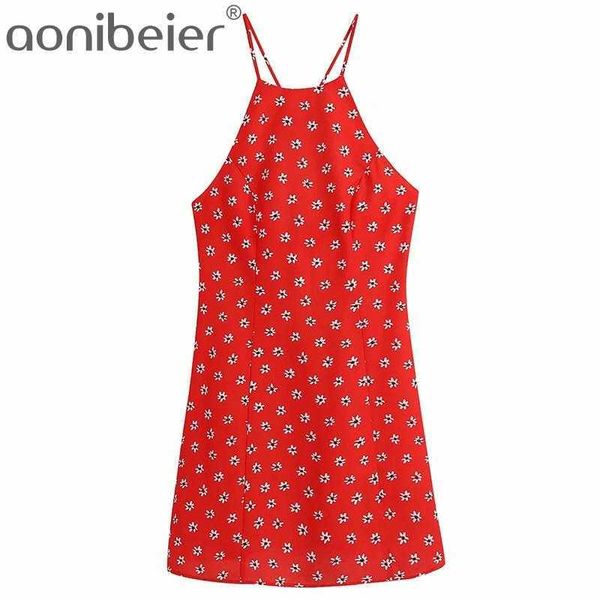 Imprimé floral rouge Mini robe été mode sans manches croix dos femmes décontracté a-ligne paquet hanche femme Camisole 210604