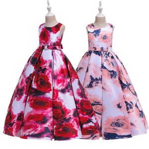 Floral Print Rose Jurk voor Meisjes Jurken Kids Bruiloft Evenementen Frocks Flower Girl Jurk Verjaardag Party Kostuums 6 8 10 12 14 16 Y Q0716