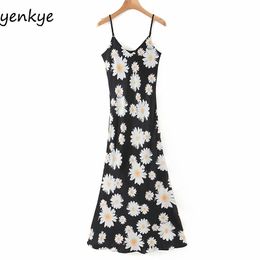 Floral Print Satijn Sling Sexy Jurk Vrouwen Mouwloze V-hals Sundress Zomer A-Lijn Slanke Lange Maxi Jurk Robe Femme XQB2319 210515