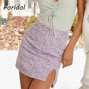 Floral Print Slit Rokken Womens Hoge Taille Zomer Boho A-lijn Mini Casual Chiffon Purple Beach Bottoms 210427