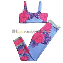 Bloemenprint Sport Outfit Dames Zomer Yoga Vest Hoge taille Gymleggings Vrouw Split trainingspakken