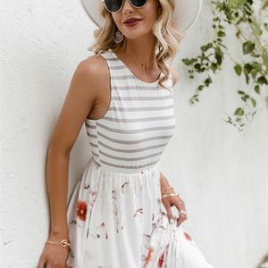 Bloemenprint streep zomerjurk vrouwen bohemian mode elegante midi jurken casual lente stiksels jurk 220511