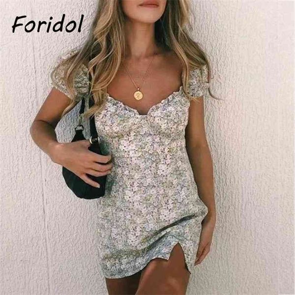 Floral Print Summer Beach Robe Femme Boho Vêtements Sleeve Flit Slit Short Mini Vert 210427