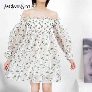 Floral Print Sweet Dress voor Dames Slash Neck Puff Lange Mouw Hoge Taille Patchwork Ruche Mini Jurken Vrouw 210520