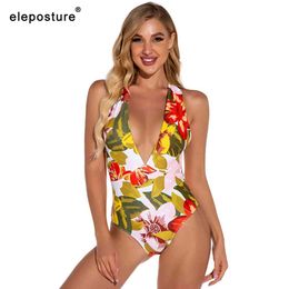 Floral Print Badpak Sexy V-hals Badmode Dames Backless Monokini Braziliaans badpak Beachwear Zwemmen 210521