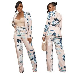 Conjunto de pantalones de dos piezas con estampado floral para mujer Trajes de trabajo de oficina de 2 piezas Cárdigan de manga larga Chaqueta con cuello de solapa Pantalón recto Ropa rosa para mujer Mujer