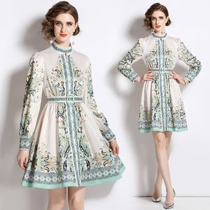 Mini robe blanche à imprimé floral avec ceinture Femmes Designer Manches longues Col montant Fête Coupe élégante Robes évasées 2023 Printemps Automne Piste Polyvalent Vacances Robes