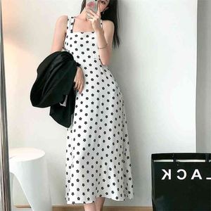 Floral Print White Polka Dot Casual Chiffon Lange Jurk Dames Zomer Zwart Vintage Mouwloze Koreaanse Partij Midi Jurken Robe 210514