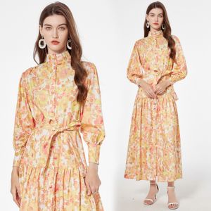 Bloemenprint Dames Maxi-jurk Gewaden Luxe Designer Opstaande Kraag Slanke Ruches Boho Runway Geel Lange Jurken 2023 Herfst Winter Vakantie Feest Kanten Strikjurken