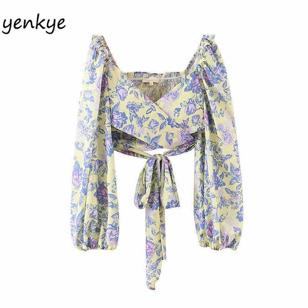 Floral Imprimer Wrap Boho Top Femmes Lanterne Manches V Cou Ceintures Crop Top Vacances Été Top En Mousseline YF7457 210721