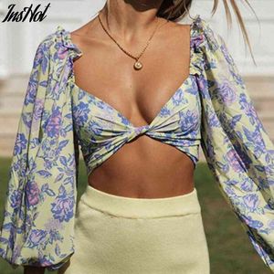 Imprimé floral Wrap Boho Top Femmes Manches Bouffantes Col En V Crop Top Noeud Papillon Élastique Slim Blouse Femme Vacances D'été En Mousseline De Soie Tops 210514