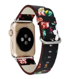 Correa de banda de cuero de cuero impreso en floral para pulsera de reloj de muñeca de diseño de flores de Apple Watch para iWatch 38 mm 42mm5328635