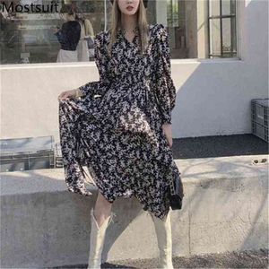 Floral Gedrukt Vintage Vrouwen Lange Jurk Lente Herfst Volledige Mouw V-hals splitsen Jurken Elegante Koreaanse Mode Vestidos 210513