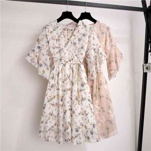 Floral imprimé femmes robe Style coréen Vintage col en V papillon manches en mousseline de soie chemise es dames tunique été Vestidos 210526