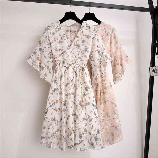 Vestido de mujer estampado floral estilo coreano vintage v cuello mariposa manga gasa camisa es señoras túnica vestidos de verano 210526