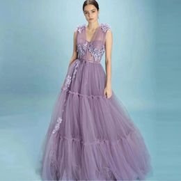 Floral Prom Lilac Dress Lace Appliques TULLE Formele avondfeestje Mouwloze Homecoming jurken gewaden de mariiee