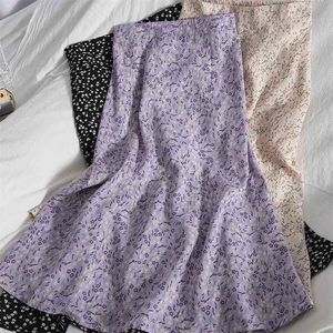 Floral violet imprimé à volants plissé jupes longues été femmes Style coréen Streetwear cordon taille élastique jupe mi-longue 210621