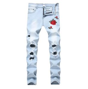 Floral Rose Embroidery Jeans Hommes scheurde gaten ontwerp jeans hiphop slank blauw blauwe denim pant plus size5954336