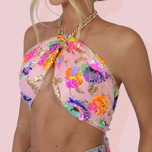 Haut court d'été rose brodé de paillettes florales avec collier à nouer doublure complète soirée Camis chaîne