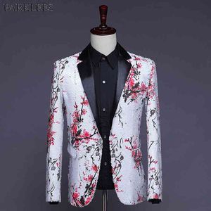 Floral Sequin Stage Tuxedo Blazer Veste Hommes Slim Fit Revers Col De Mariage Groom Prom Costume Blazer Hommes Clothers pour Chanteurs 210522