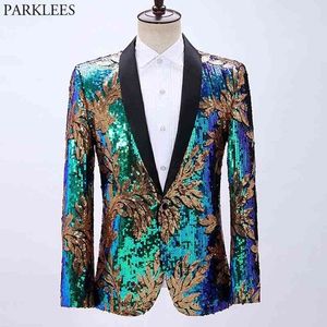 Costume de mariage à paillettes florales Blazer hommes col châle Slim Fit bleu paillettes smoking Blazers hommes fête bal chanteur Costume 210522