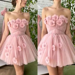 Bloemen korte zoete appliques jurken strapless roze mini staart thuiskomst jurk een lijn