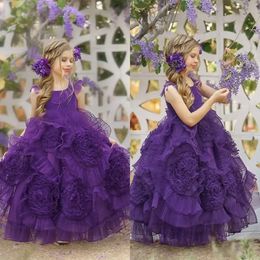 Bloemen mouwloze ruches paarse jurken schep schep meisjes een lijn bloemenmeisje gastheer verjaardag jurk