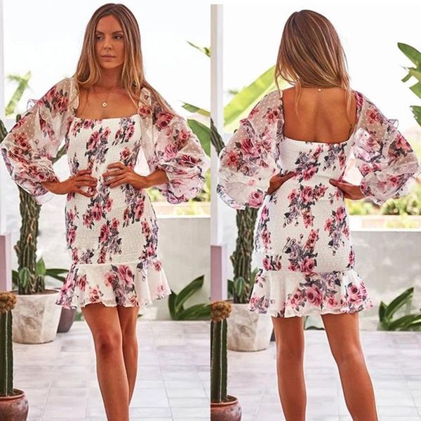 Floral Square Neck Wrap Dress Manches Longues Volants Vestidos Boho Hippie Chic Élégant Moulante Sexy Robes Femmes