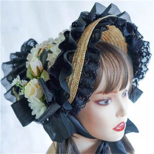 Chapeau de paille à fleurs Lolit chapeau de paille thés fête SunHat dentelle fascinateurs pour femmes coiffure victorienne Bonnet victorien 231225