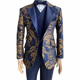 Costumes floraux pour hommes Slim Fit Jacquard Mariage Tuxedo Bleu marine et or Gentleman Veste avec gilet Pantalon 3 pièces 2024 66wz #