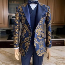 Costumes floraux pour hommes slim fit jacquard wedding smoking navy bleu et or gentleman veste avec gilet pant 3 pcs 240430