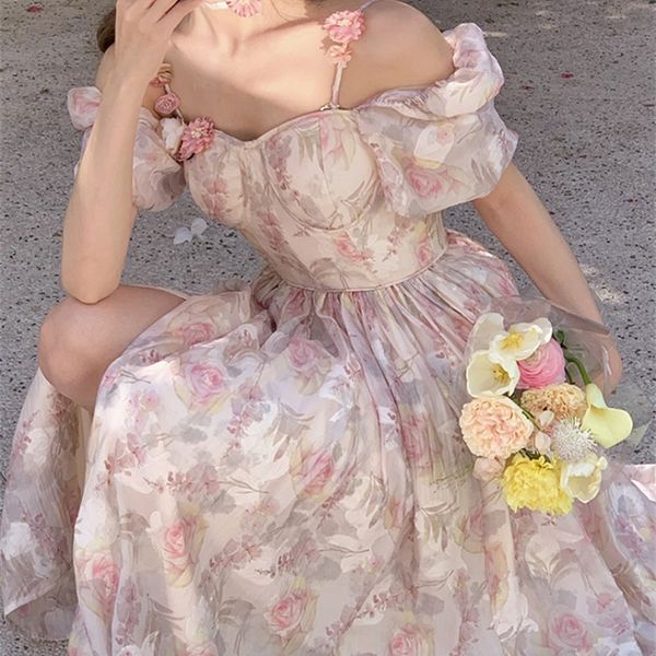 Floral dulce Francia Vintage vestido mujer estampado Casual elegante noche fiesta Midi vestido gasa Corea Boho playa vestido verano 220517